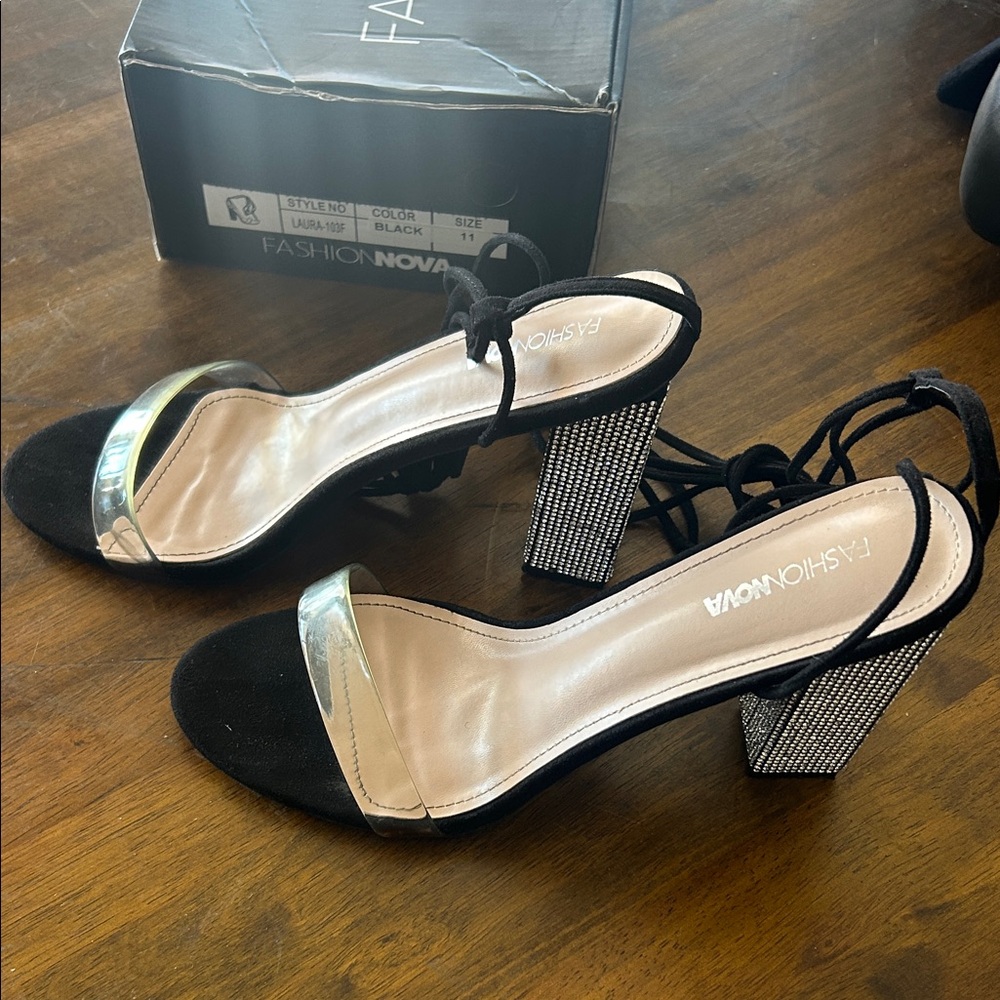 Fashion Nova Black and Silver Strappy Heels